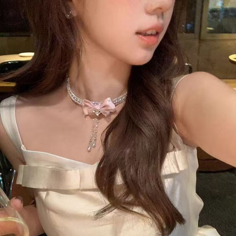 超仙圣诞绝美闪锆爱心蝴蝶结流苏珍珠项链女高级感锁骨颈链choke