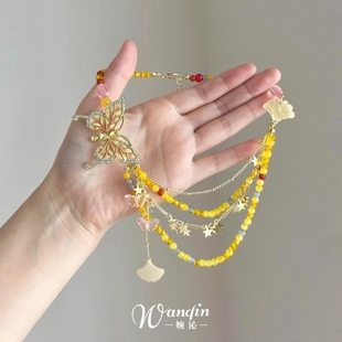 「蜜糖杏雨」甜美多层黄色串珠蝴蝶项链多巴胺银杏叶流苏锁骨链女