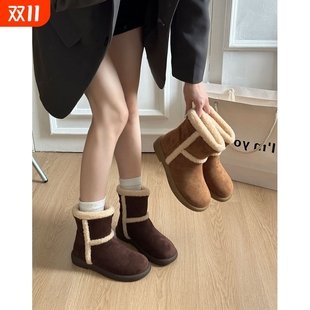 加绒毛绒短靴子保暖东北大棉鞋 平底中筒勃肯雪地靴女2025新款 冬季