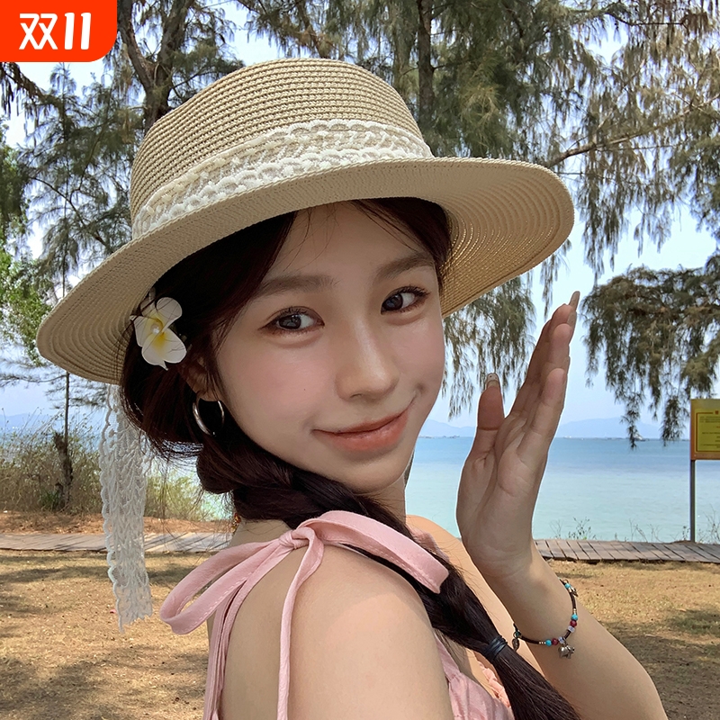 蕾丝蝴蝶结平顶草帽沙滩太阳帽