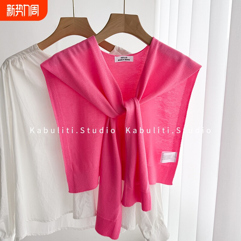 玫红针织小披肩女春秋夏季外搭肩空调护颈坎肩搭配衬衫裙子薄围巾