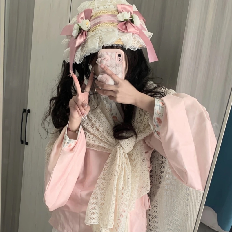 洛丽塔汉洋折衷扁帽lolita草帽波奈特BNT搭蕾丝蝴蝶结紫色粉色