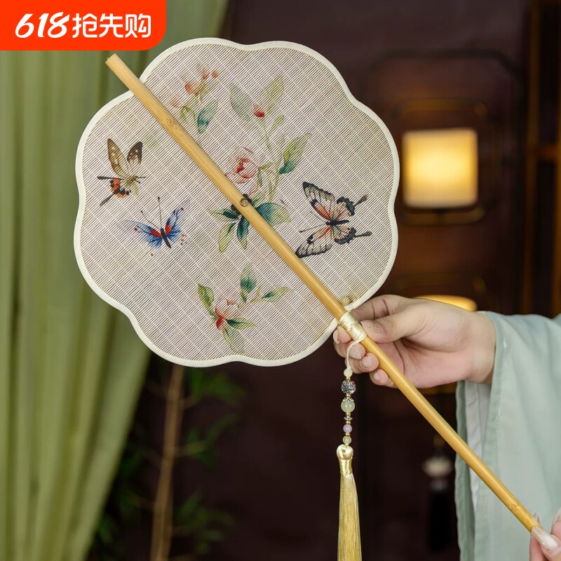 国风腰扇长柄扇子夏天便携折扇中式礼物汉服舞蹈专用团扇古风跳舞