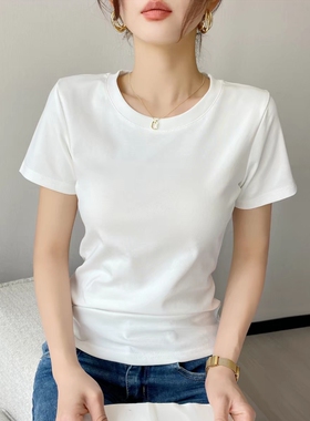 白色短袖正肩t恤女纯棉2026夏季新款圆领显瘦体恤上衣黑色粉色