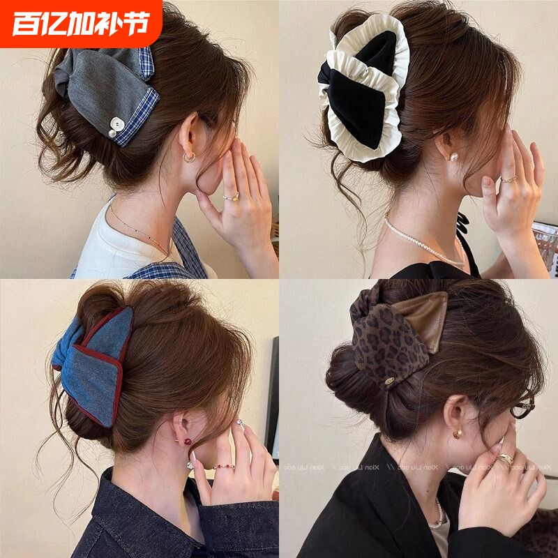 韩系豹纹复古三角抓夹女高级感皮革大号鲨鱼夹发夹后脑勺盘发头饰