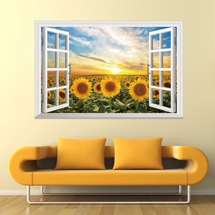 家居背景 假窗户朝阳向日葵 可移除贴纸DLX0996 墙贴 外贸新款