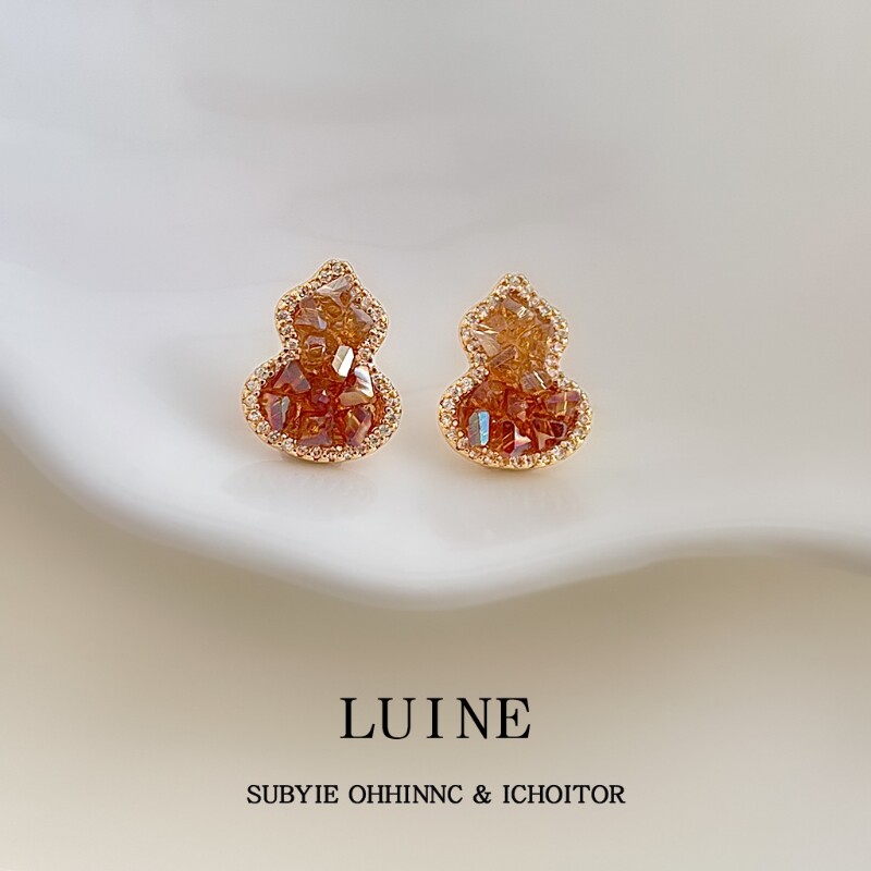 微镶锆石925银针水晶葫芦耳钉橙色渐变香槟色耳饰耳洞
