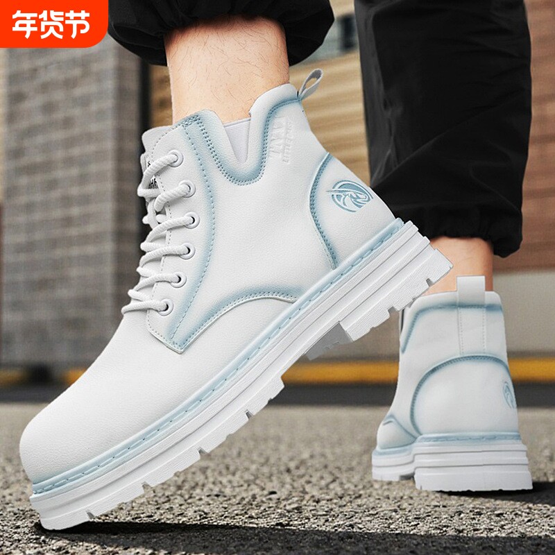 男士短靴秋冬季白色厚底高帮马丁靴男士新款英伦风复古工装机车靴