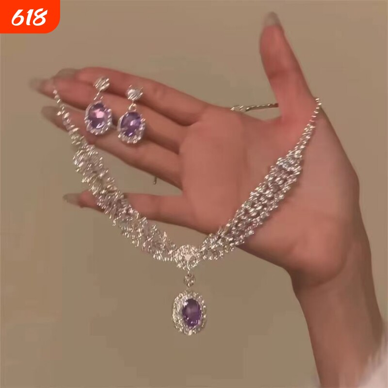 暮色紫色水滴锆石项链女轻奢晚礼服锁骨链高级感颈链配饰花朵宫廷