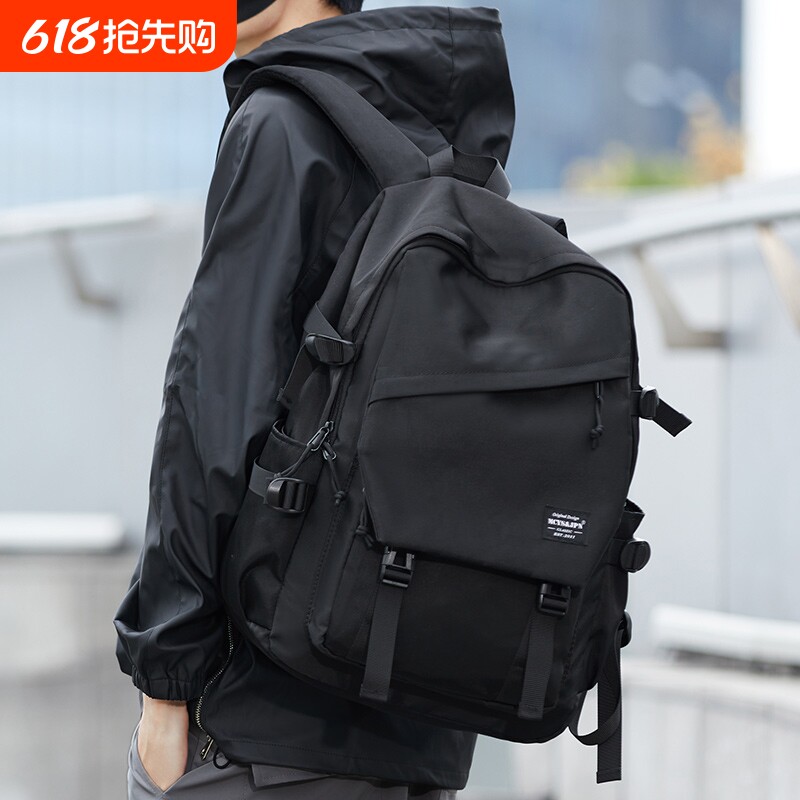 双肩包男士休闲百搭旅行男背包女初中生涤纶大容量黑色通勤防水