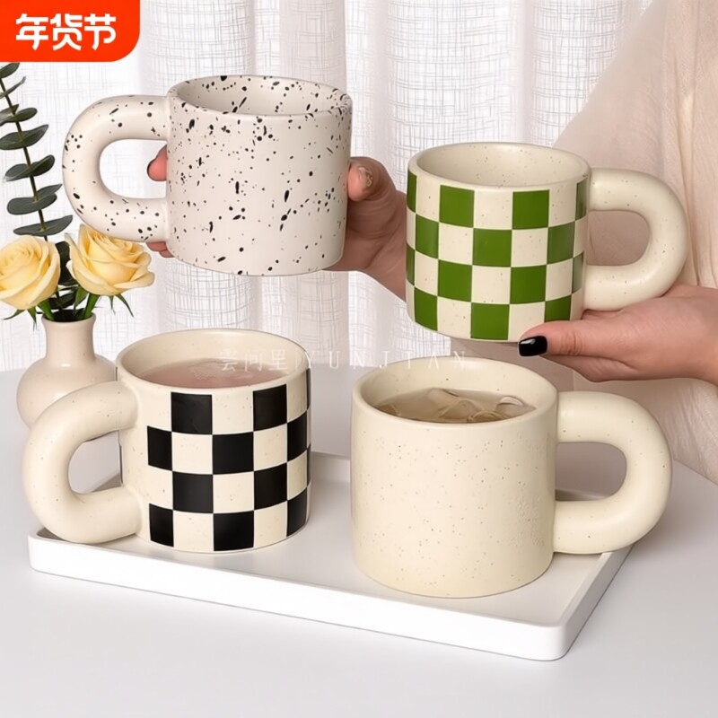复古胖胖杯泼墨马克杯女生水杯高颜值陶瓷水杯小众设计感咖啡杯子