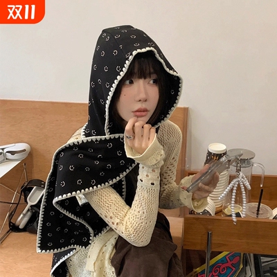 2025新款韩国东大门帽子围巾一体ins笑脸保暖围巾女冬天披肩外搭