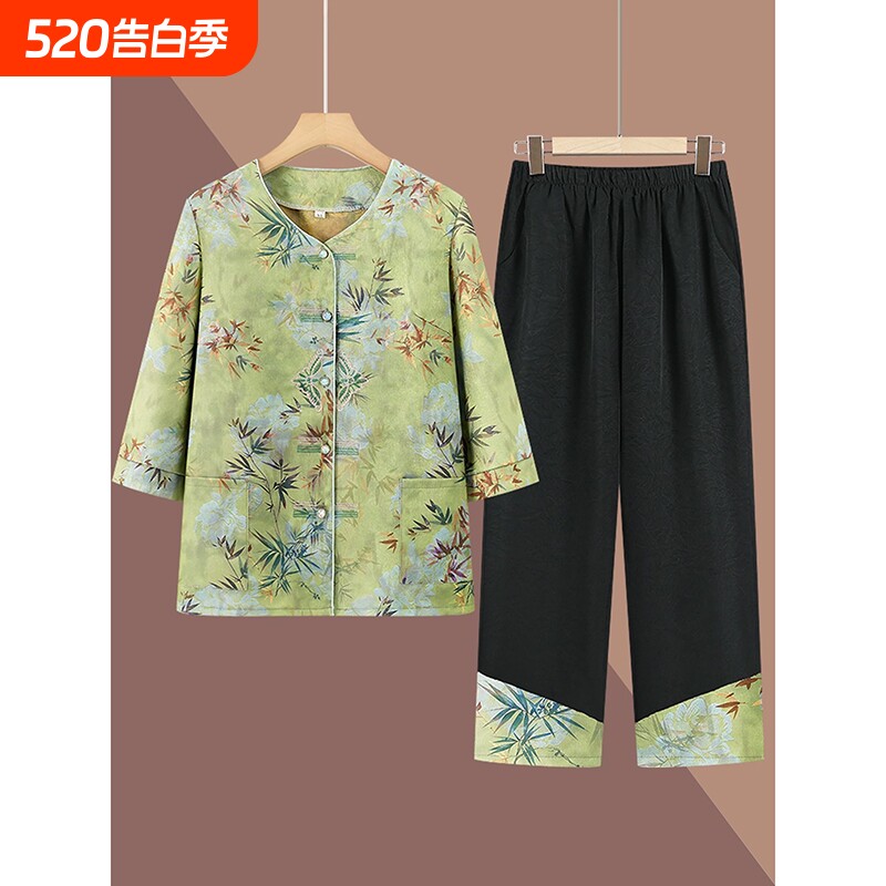 中老年人夏装七分袖衬衫女妈妈607080岁夏季衣服奶奶装套装老太