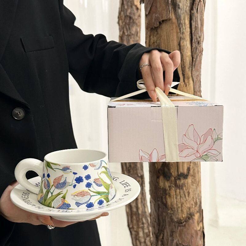 高颜值鸢尾花咖啡杯碟套装情侣对杯下午茶拿铁牛奶陶瓷杯生日礼物