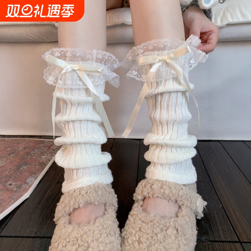 蕾丝蝴蝶结袜套女甜美中筒袜日系针织堆堆袜秋冬芭蕾风小腿袜腿套