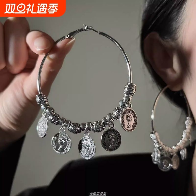 易梦玲同款人像银币流苏耳环女耳圈复古民族风大圈圈耳饰