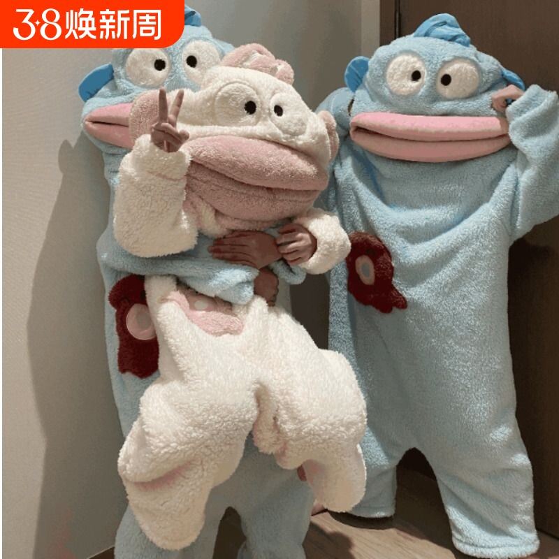 亲子丑鱼睡衣连体套装儿童可爱搞怪男女秋冬加厚珊瑚绒卡通家居服
