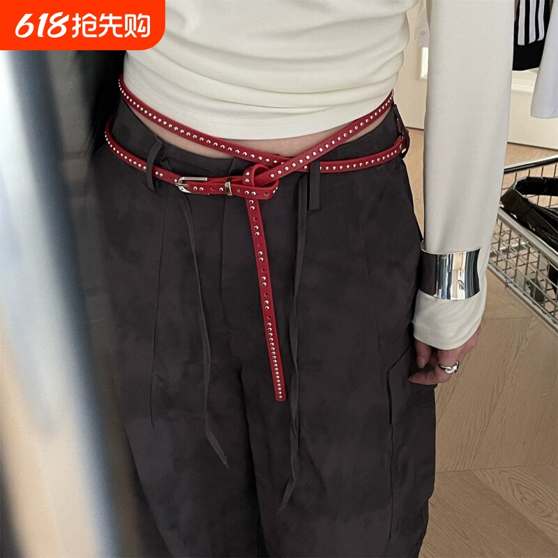超好搭双层细腰带腰部装饰皮带铆钉凹造型时髦感休闲牛仔裤带女士