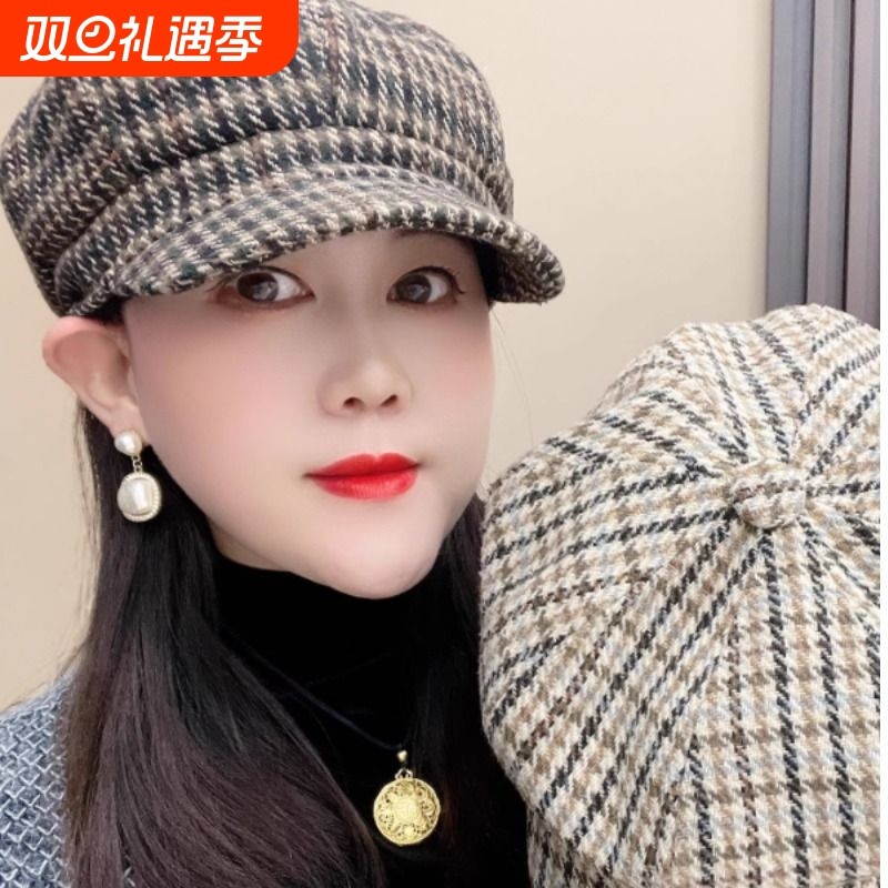 春秋冬三季可戴百搭时尚千鸟格八角帽韩版潮流英伦风帽子有调节绳