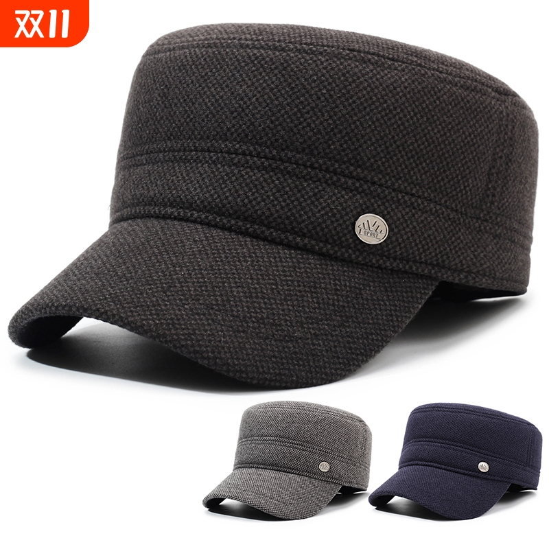 中老年帽子男士冬天爸爸平顶帽护耳老人帽秋冬季保暖老头棉帽黑色