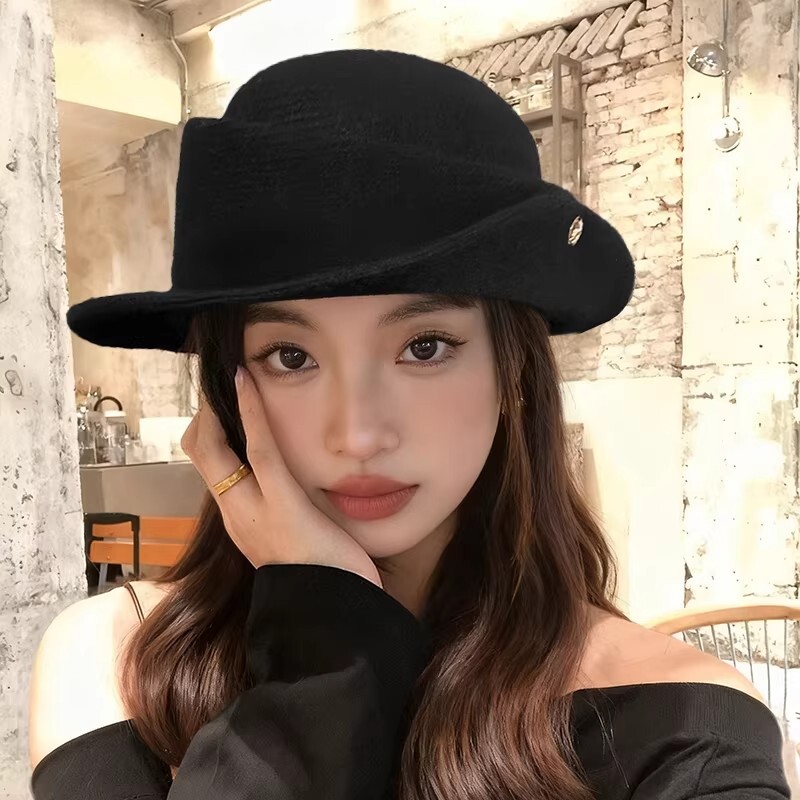 千金风高级感卷边黑色礼帽女秋冬季盆帽大头围渔夫帽子复古平顶