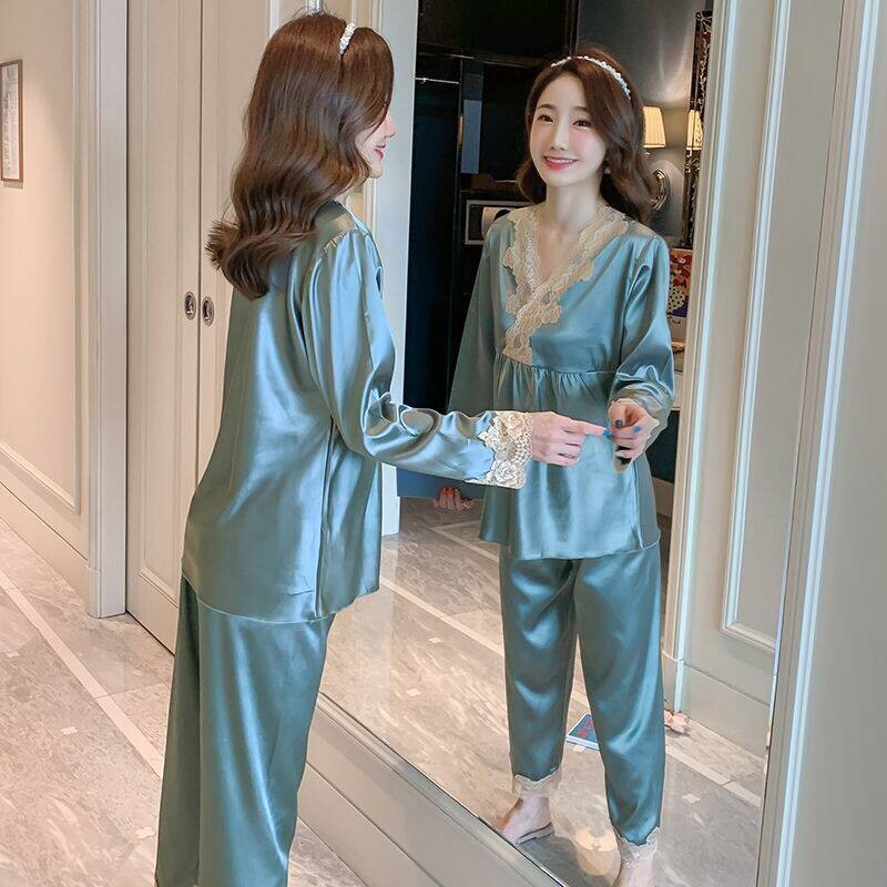 红豆新款睡衣女夏春秋冰丝长袖两件套装性感蕾丝薄款夏仿真丝绸家