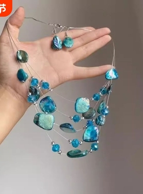「人鱼秘境」独特多层蓝色不规则串珠项链欧美夸张小众设计锁骨链