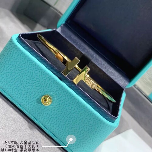 高质量双T开口手镯V金厚镀18k女t形手环玫瑰金满钻白贝母送礼轻奢