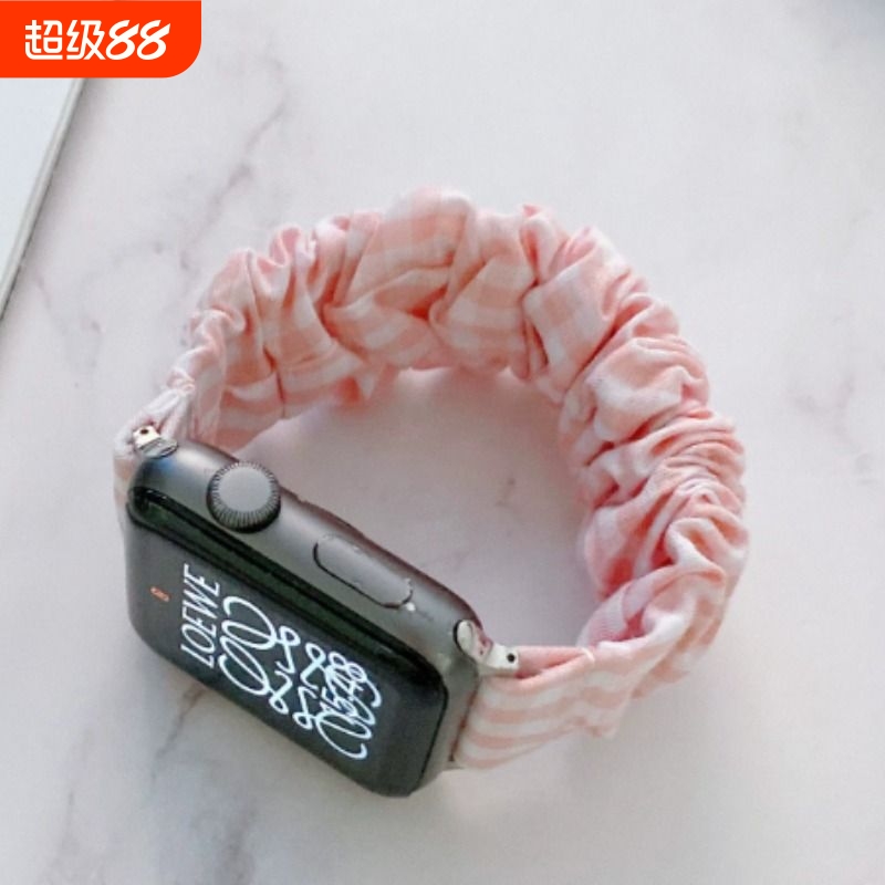 适用applewatch10表带iwatch9苹果S10手表S9蓝白格子S8新款发圈腕带运动SE女款可爱创意松紧夏天高级尼龙智能