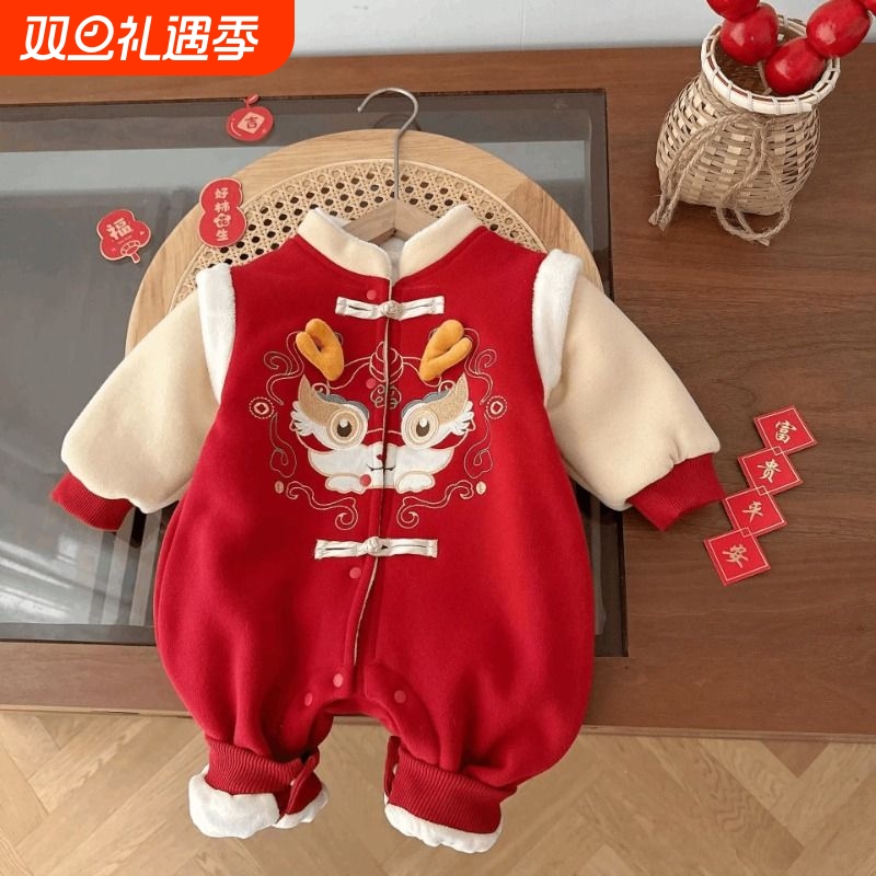 婴儿红色拜年服0-2岁冬季中国风女宝宝加绒连体衣婴儿衣服潮