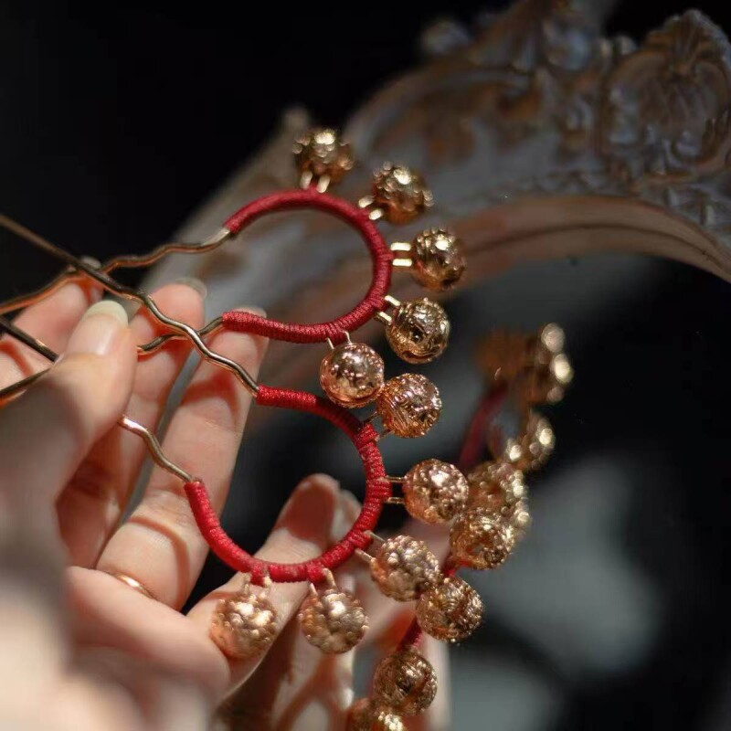 古风汉服红绳铃铛发钗点缀头饰U钗百搭红色发簪配饰头饰品新中式