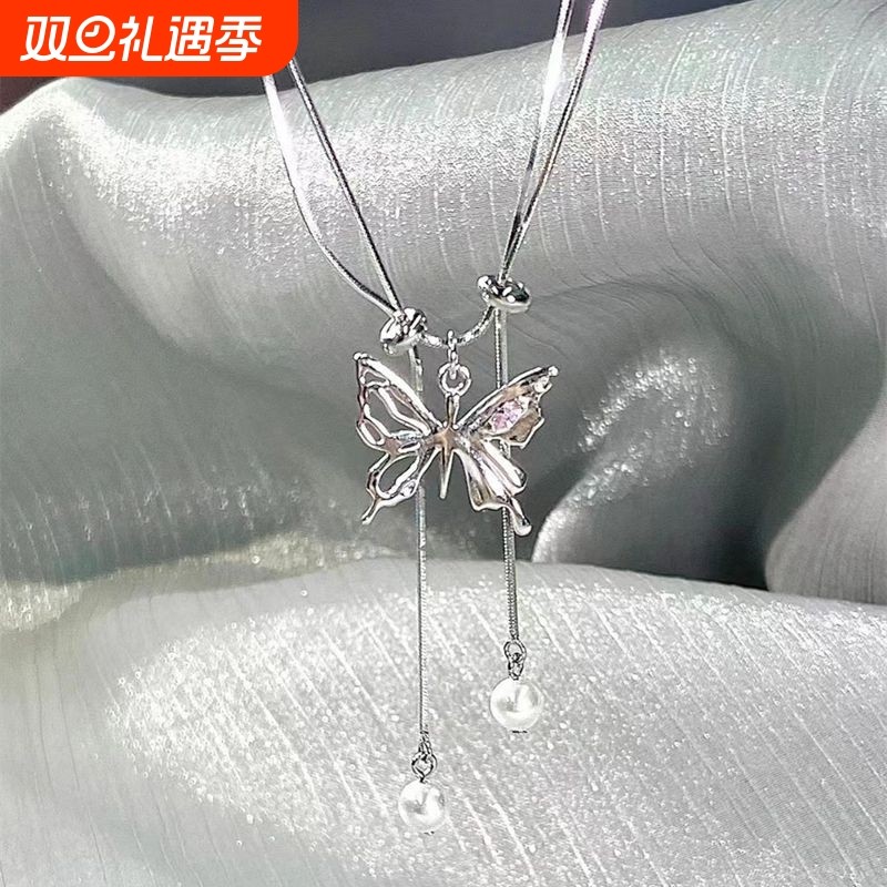 个性抽拉蝴蝶项链ins小众高级感温柔甜酷银色轻奢双层蝴蝶锁骨链