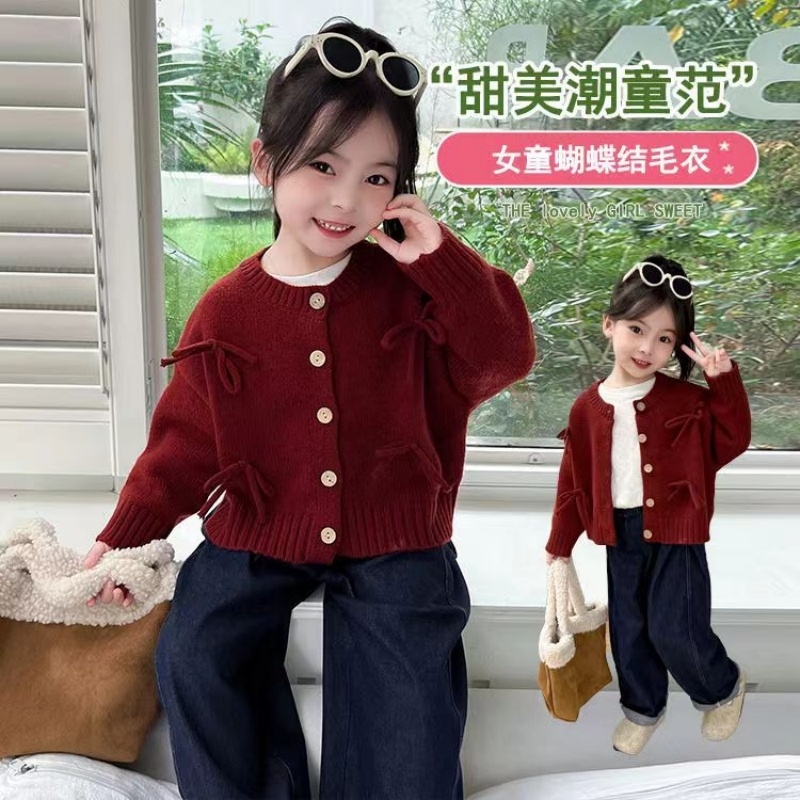 2025新款女童针织开衫外套蝴蝶结毛衣春秋儿童秋装上衣女孩子红色