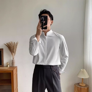 白色职业装衬衣长袖立领男女同款无领中山装衬衫工作服黑色绿色