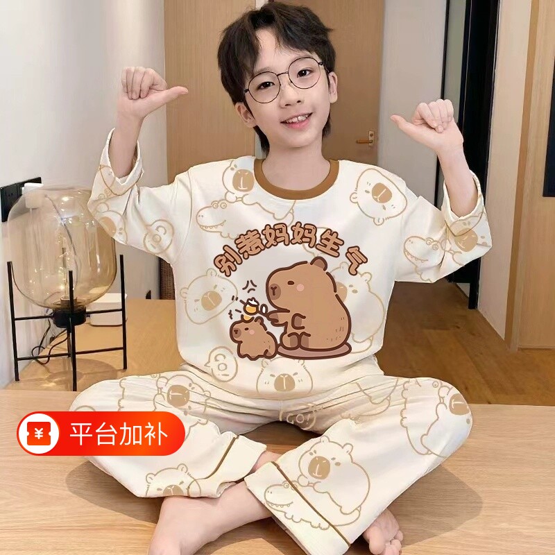 春夏季卡皮巴拉儿童男童睡衣长袖2026新款大童夏款卡通家居服套装