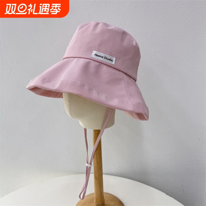 纯色帽子日系渔夫帽大帽檐防嗮帽条纹沙滩帽子女简单遮阳帽休闲帽