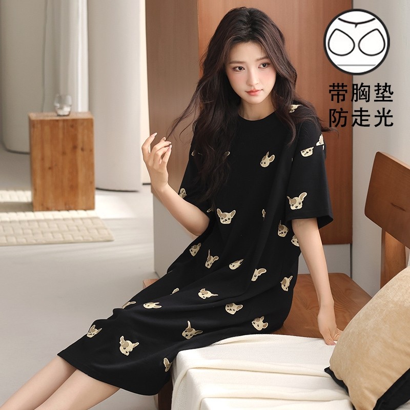 时尚一体睡裙女士夏季短袖可外穿长款裙睡衣带胸垫宽松家居服薄款