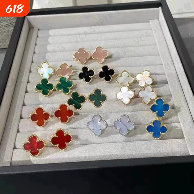高级感四叶草耳扣纯银镀18k玫瑰金黑玛瑙红玉髓耳环耳钉耳拍贝母