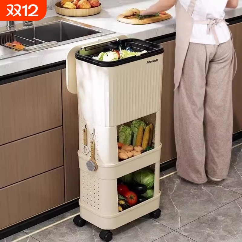 厨房垃圾桶家用大容量带盖双层移动多功能专用置物架三层免弯腰