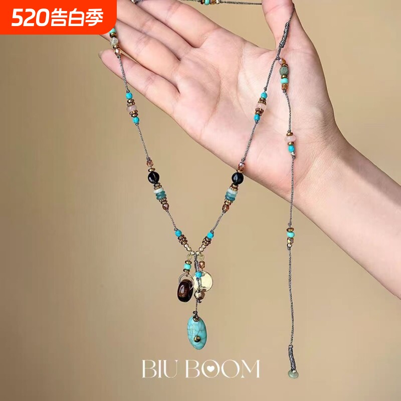 「biu boom」民族风绿色吊坠串珠项链复古个性小众简约锁骨链