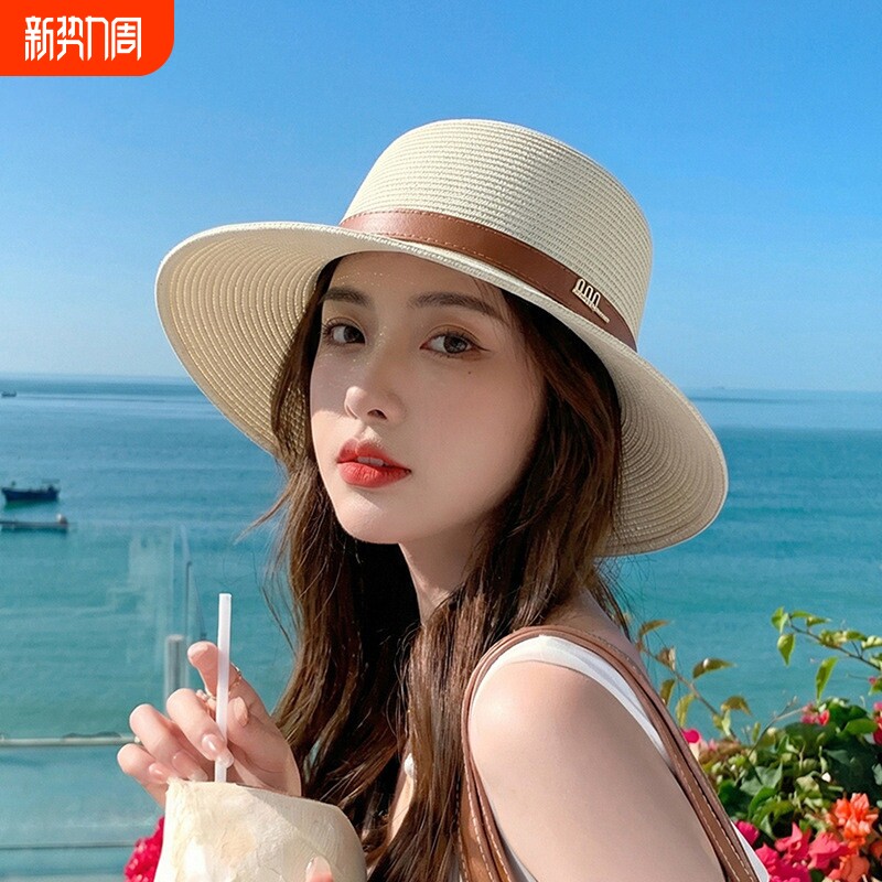 草帽女款夏季出游海边防晒太阳帽子时尚礼帽爵士帽可折叠黑色休闲