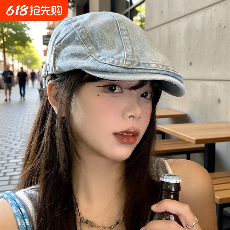 水洗牛仔前进帽女春夏款日系复古显脸小贝雷帽反戴大头围画家帽子
