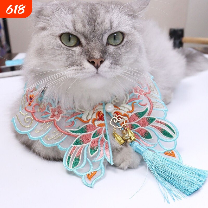 汉服配饰披肩宠物围巾国风流苏猫咪狗狗围兜蓝色莲花刺绣中式围脖