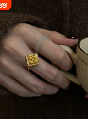 小红书同款中古vintage金色镶嵌锆石戒指女轻奢高级感手饰可调节