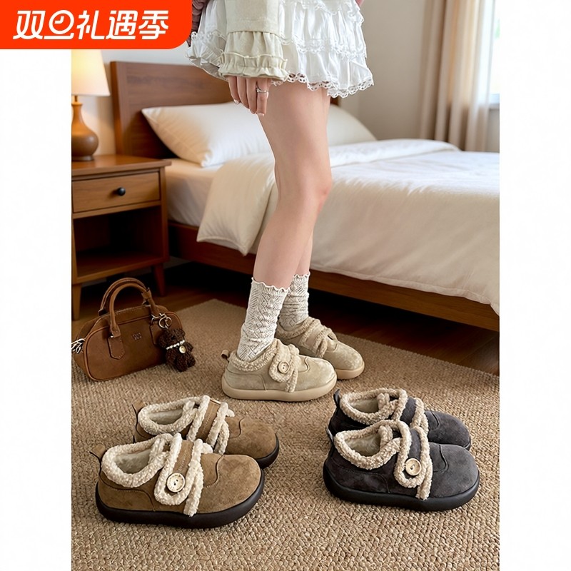 白色加绒加厚防滑厚底棉鞋女冬2025新款增高勃肯鞋子毛绒灰色百搭