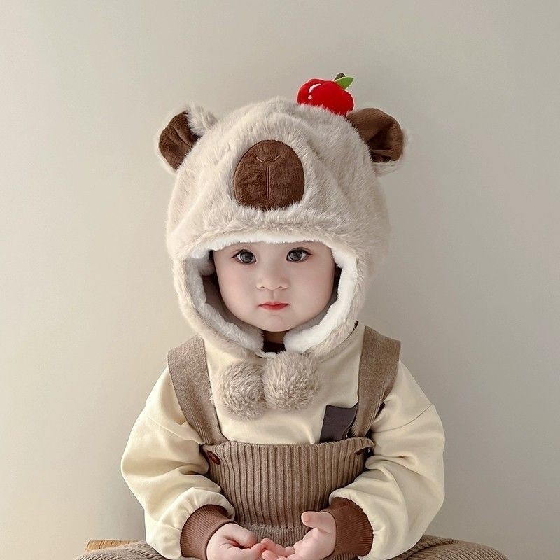 宝宝帽子秋冬男女童毛绒围脖儿童围巾一体婴儿帽冬季护耳保暖防风