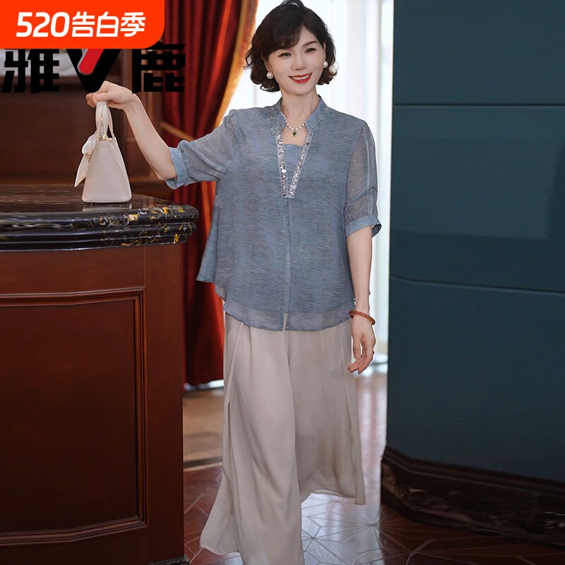 雅鹿妈妈夏装时尚衬衣小衫2026新款洋气中老年女装上衣两件套衣服