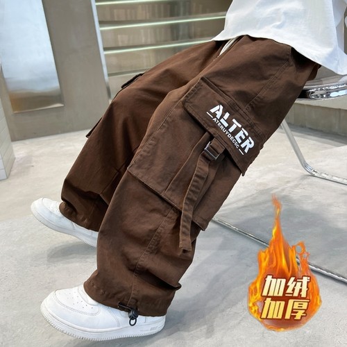 男童加绒工装裤春秋冬款2025新款儿童秋装大男孩秋季休闲裤子痞帅