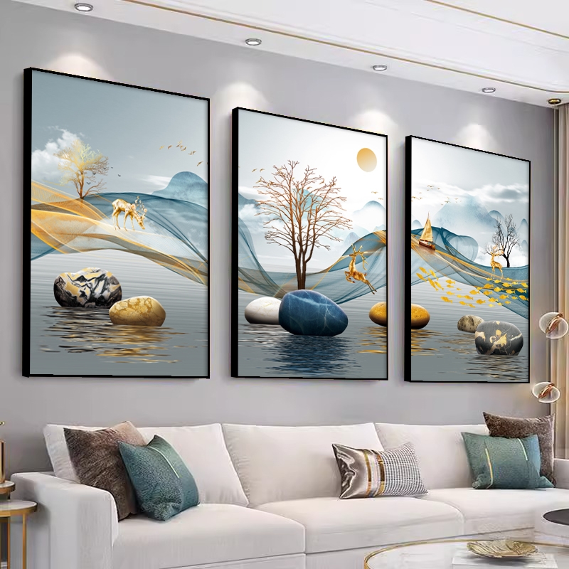 福鹿高升客厅装饰画现代简约三联画寓意好壁画北欧沙发背景墙挂画图片