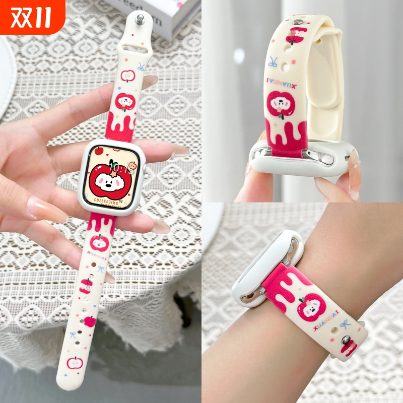 适用苹果手表S11表带细款卡通硅胶彩印iWatch10/9透气可爱百搭8/7/6腕带5/4智能配件硅胶保护套ultra1/2/3
